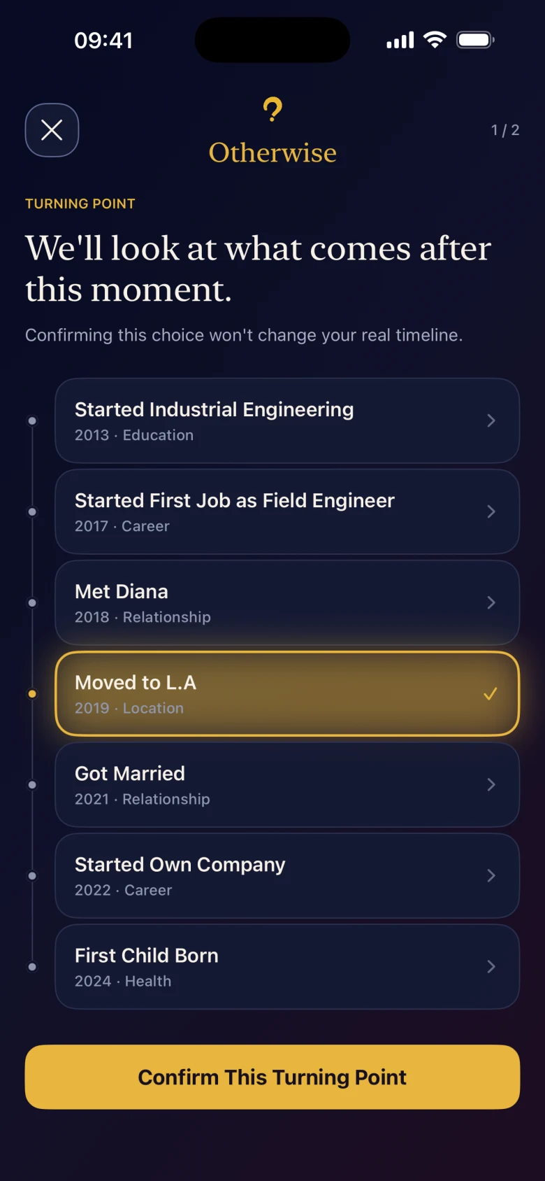 Choosing a turning point in the Otherwise app