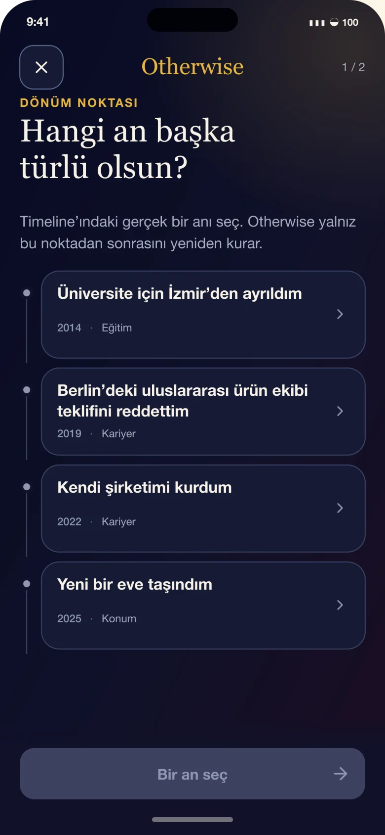 Otherwise uygulamasında bir dönüm noktası seçme ekranı