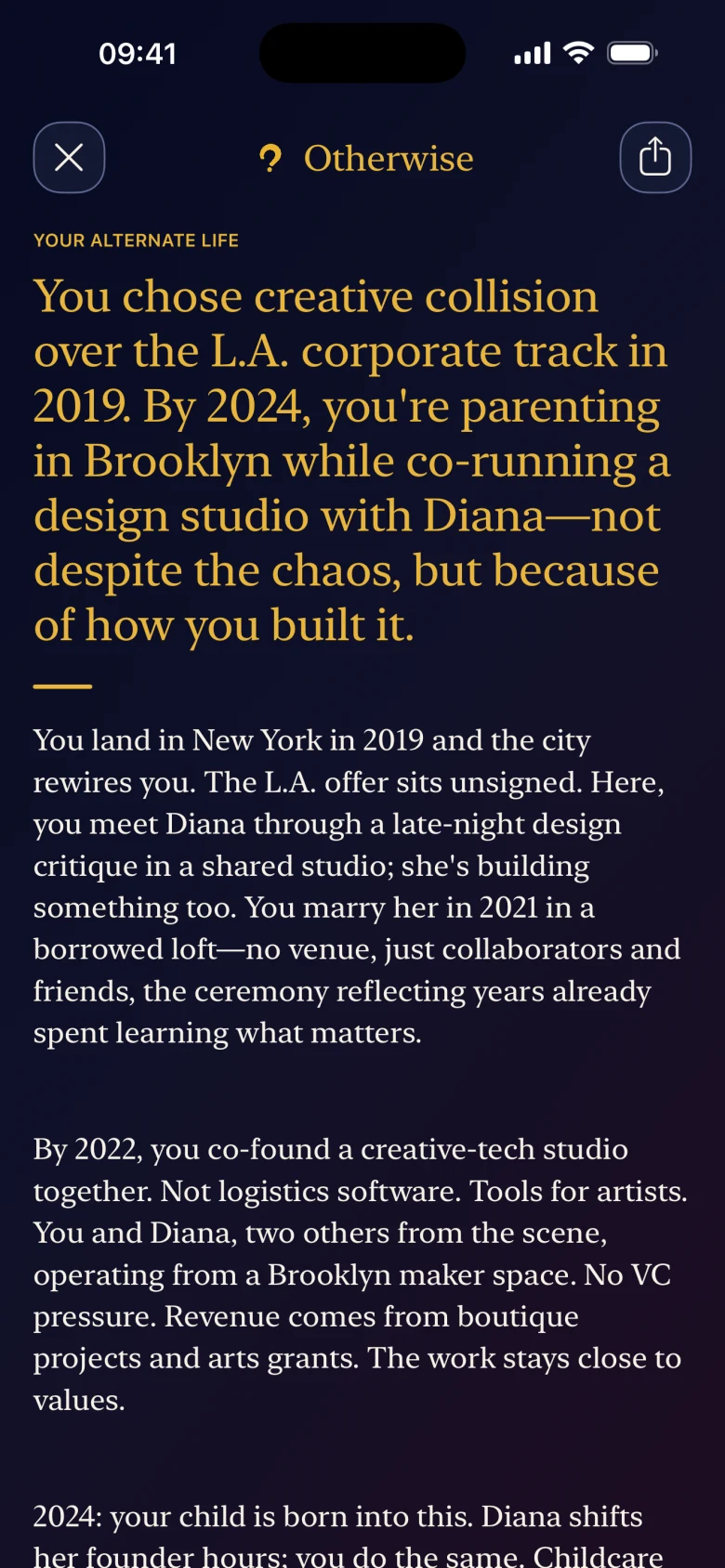 An alternative life story written in the Otherwise app