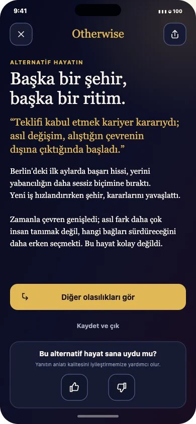 Otherwise uygulamasında oluşturulmuş alternatif hayat hikâyesi