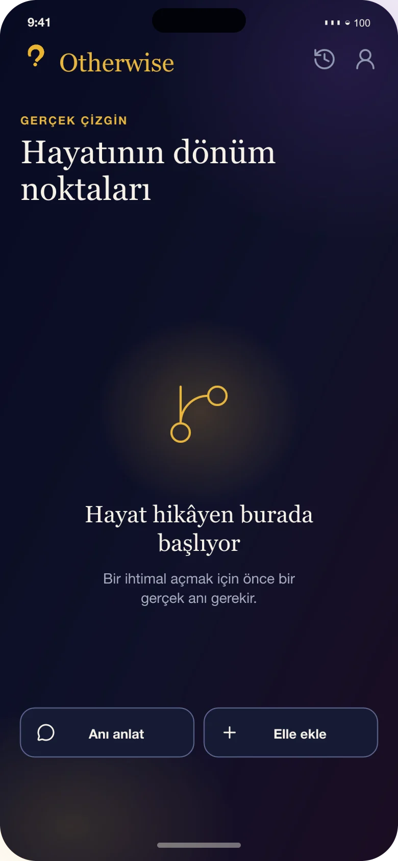 Otherwise uygulamasında gerçek hayat çizgisi ve yeni anı ekleme ekranı