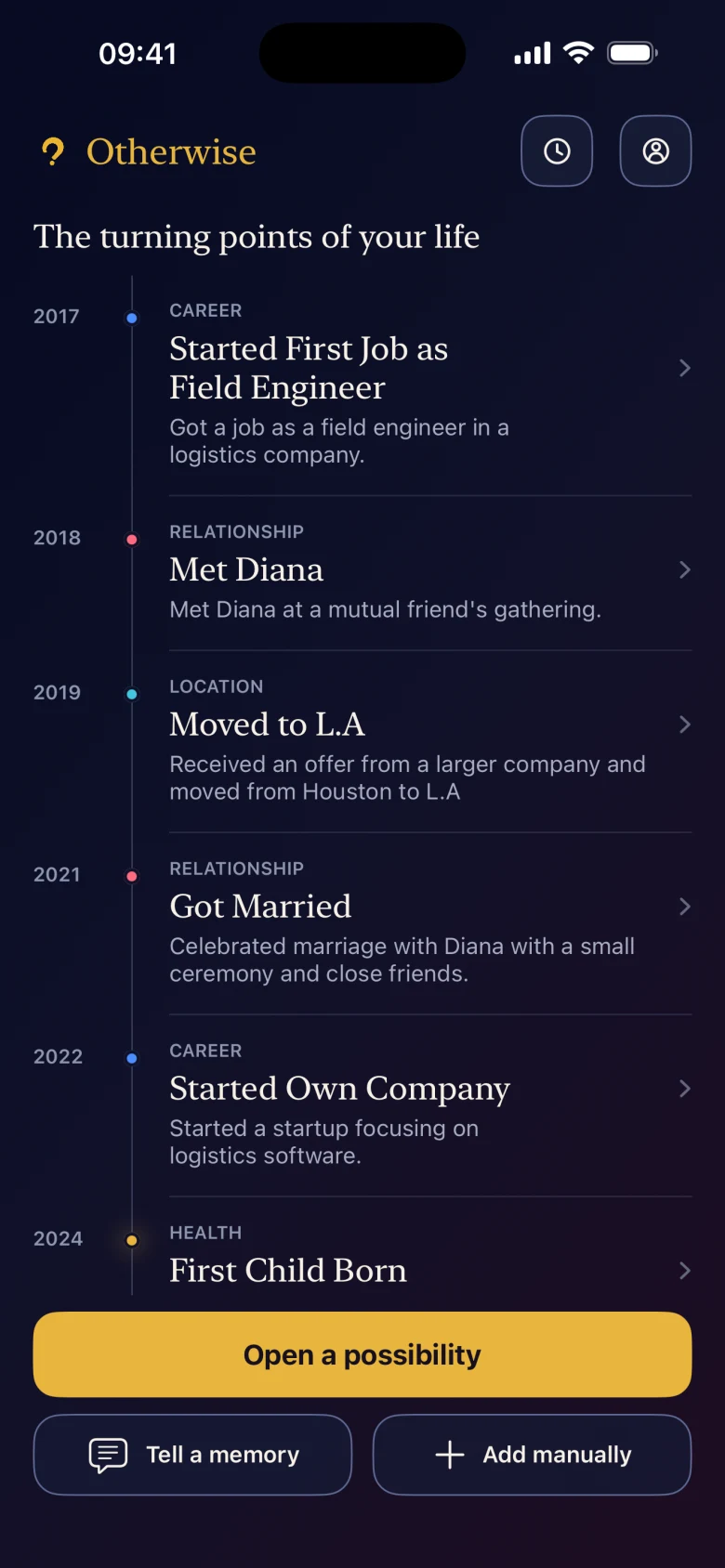 The Otherwise app showing an English life timeline